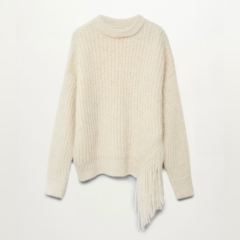 MANGO Women’s Cream FRINGE KNIT PULLOVER SWEATER